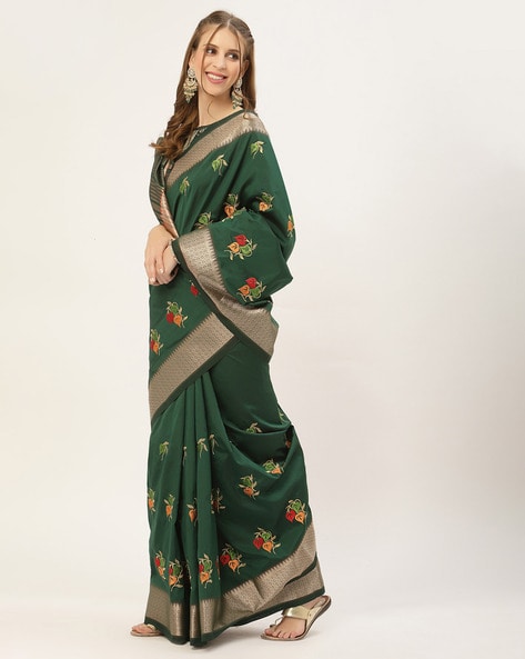 Green cotton silk saree decorated in Golden French knot embroidery wit –  samantchauhan