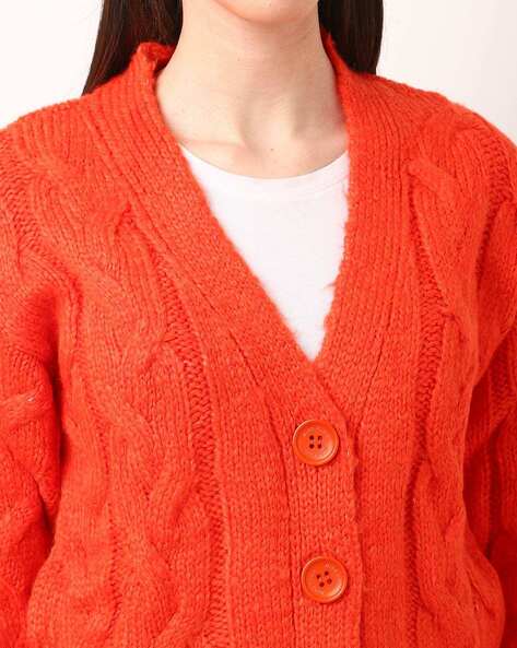 Rib-knit Cardigan - Orange-red - Ladies