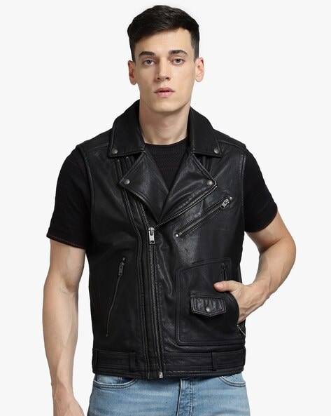 Men's Genuine Leather Motorcycle Vest Stylish Sleeveless Biker Jacket | eBay