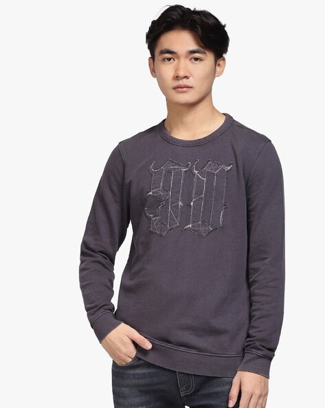 Men Crew-Neck Sweatshirt with Embroidered Applique