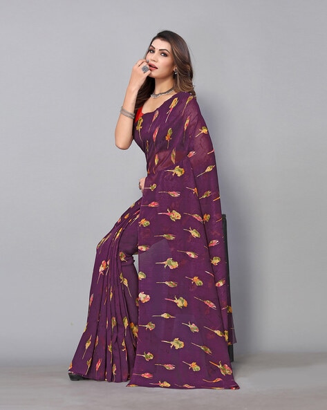 Lilac Purple Floral 3D Printed Pure Satin Silk Saree for Weddings – SHE IN  SAREES