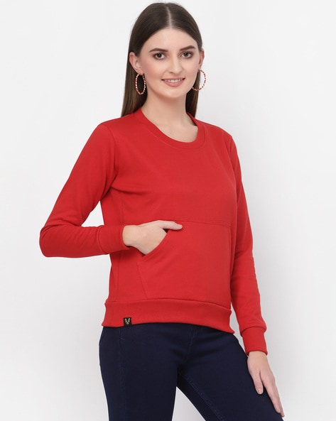 Women's crew neck sweatshirt with kangaroo pocke new arrivals