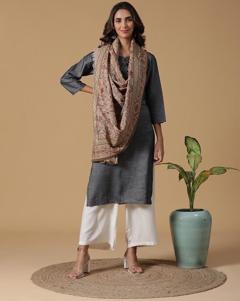 Floral Woven Shawl with Frayed Edges Price in India