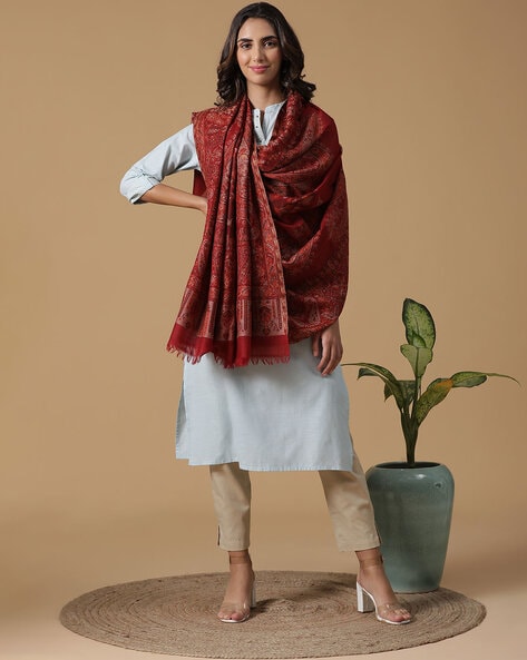 Paisley Woven Shawl with Frayed Edges Price in India
