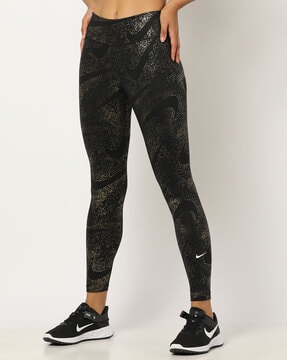 Nike One Women's Black Gold Glitter Mid R Printed Leggings (DX6389