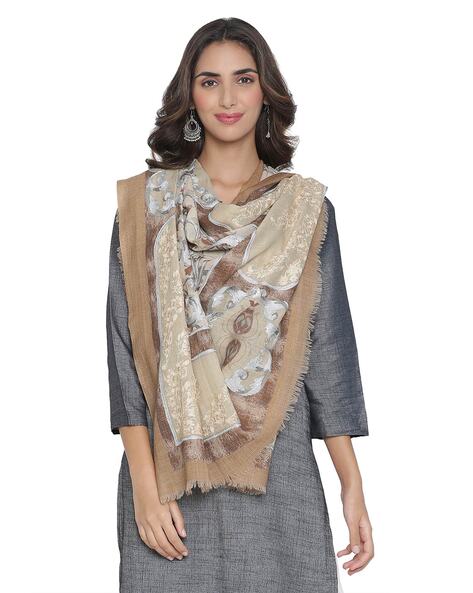Floral Embroidered Shawl with Frayed Edges Price in India