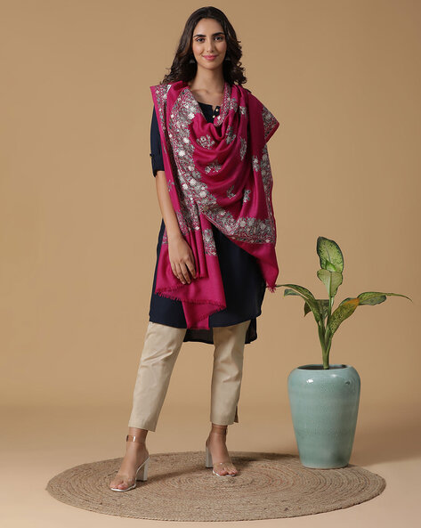 Floral Embroidered Shawl with Frayed Edges Price in India