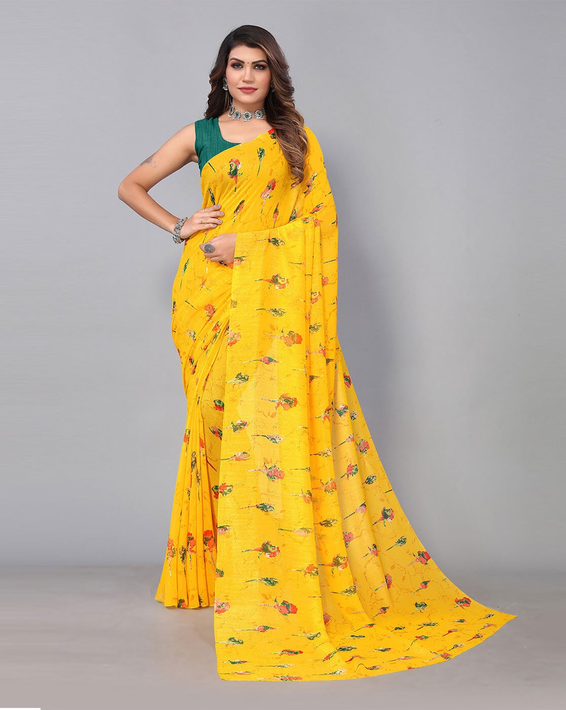 Buy Lemon Yellow Printed Georgette Ready To Wear Drape Saree With Blouse  and Belt- Set of 2 | 3073Lemon/SAHI2 | The loom