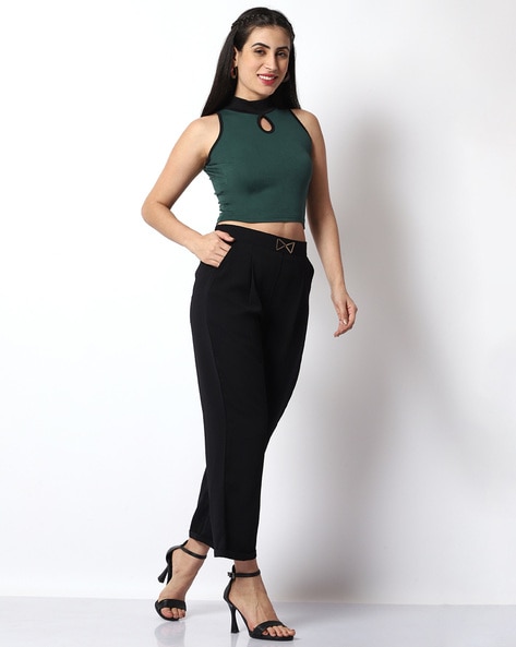 Women Solid Maroon VNeck Crop Top and Trousers Set  Berrylush