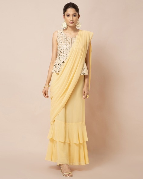 Buy Lemon Yellow Ruffle Saree And Multi Colored Hand Embroidered Crop Top  With Plunging Neckline And Belt Onlin… | Latest indian saree, Embroidered  crop tops, Saree