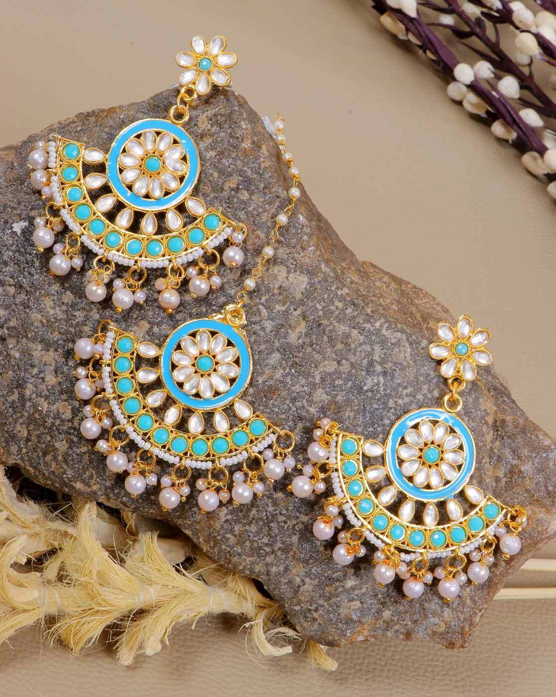 LIVE EVIL Maang Tikka With Earrings Set Gold Plated Pink Kundan Earring Set  with Maang Tikka for Women| Kundan Fashion Jewellery For Girls | Religious  & Traditional|Wedding |Bridal Gift