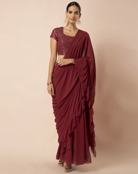 Lycra Maroon Ruffle Saree With Blouse