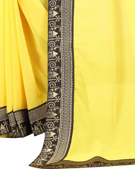 For Women's Bhagalpuri Kota Silk Yellow Saree With Plain Black Temple Border  Running Blouse Piece