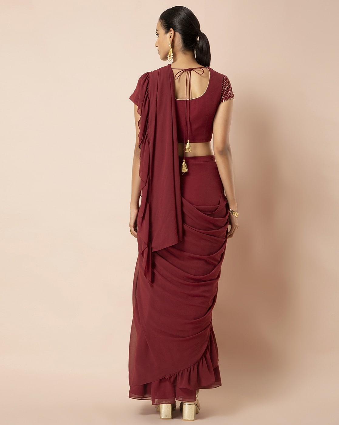 Grancy Women Maroon Solid Tiered Ready to Wear Saree - Absolutely Desi