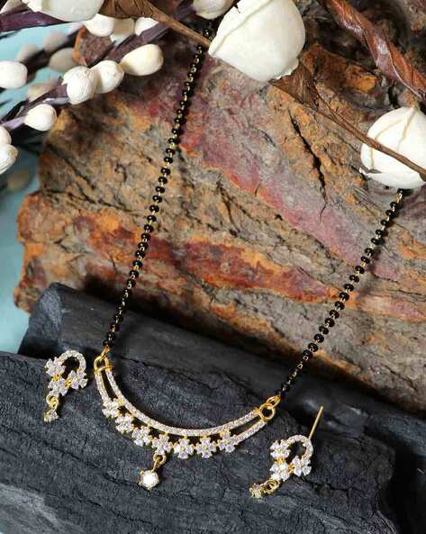 Golden American Diamond & Stone Black Beaded MangalSutra With Earrings |  B66-SS23-66 | Cilory.com