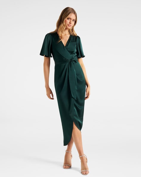 ASOS DESIGN wrap neck draped midi dress with lace up back detail in green |  ASOS