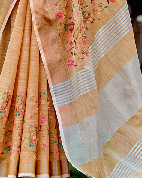 Pure Handloom Lenin Sarees with Embroidery Work | Nalli silk sarees, Silk  sarees with price, Jamdani saree