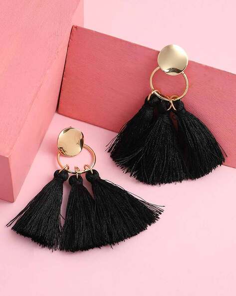 WMNS Asian Inspired Flower and Tassel Earrings - Gold Band / Black