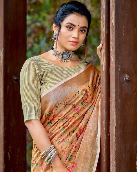 Pure Kota Silk Saree Brown Color Weaving Jaquard - IndieHaat – Indiehaat.com