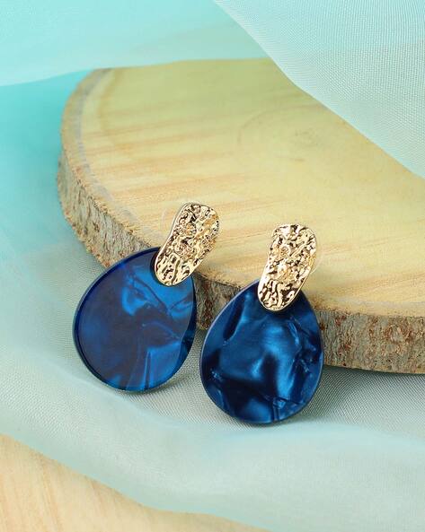 YouBella Blue Silver-Plated Stone-Studded Contemporary Drop Earrings