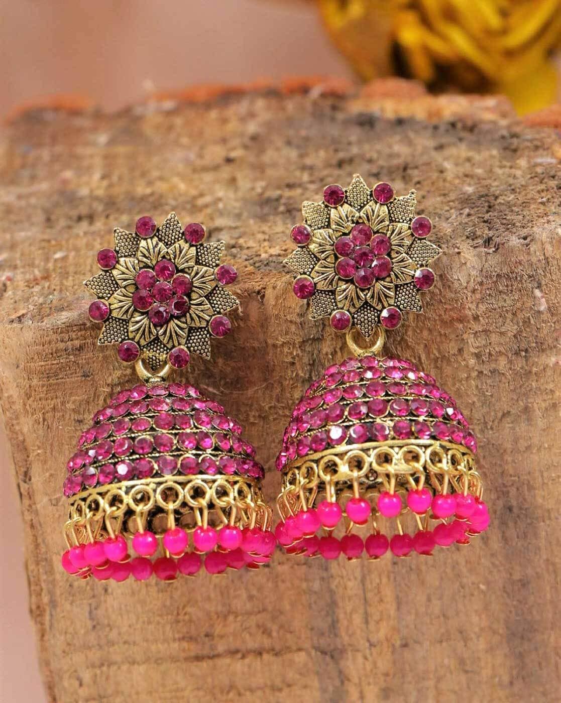 Buy Fresh Vibes Golden Big Size Bright Pink Colour Traditional Jhumka  Earrings for Women - Fancy & Stylish Wedding Use Heavy Ethnic Long Jhumki  Earrings for Girls Online at Best Prices in