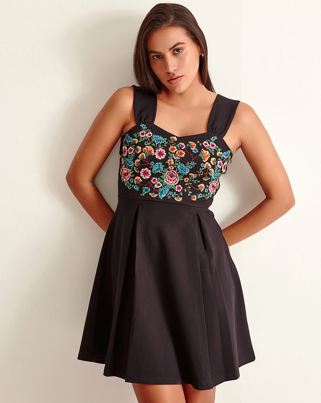 Black embroidered shop skater dress