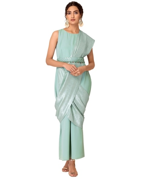 Teal Pre-Stitched Saree With Attached Blouse And Belt - Absolutely Desi