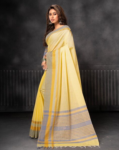 Lemon Yellow Square Neckline Floral Saree