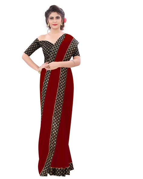 Buy/Send Maroon Chiffon Casual Wear Plain Lace Saree Online- FNP