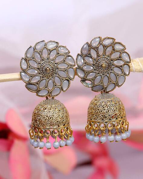 Grey Color Kundan Meenakari Earrings - chamakstore.com