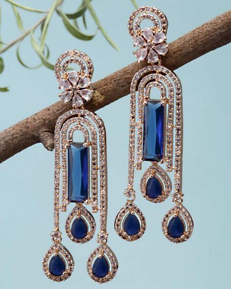 Handcrafted rose gold plated blue dangler american diamond earrings –  Femizen