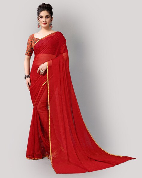 Vishal Prints Cherry Red Chiffon Saree With Embroidery And Stone Work