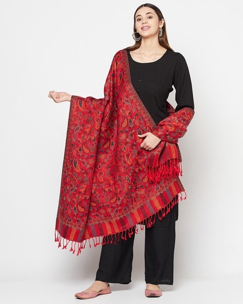 Floral Woven Shawl with Tassels Price in India