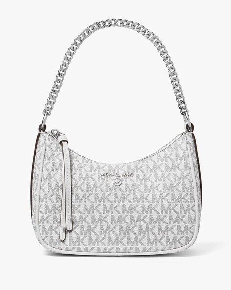 Michael Kors Cream / Light Pink Greenwich Small Color-Block Logo Print  Canvas and Saffiano Leather Crossbody Bag with Chain Strap - Women's Bag