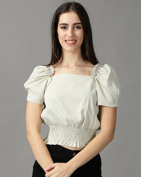 Square-Neck Crop Top with Puffed Sleeves