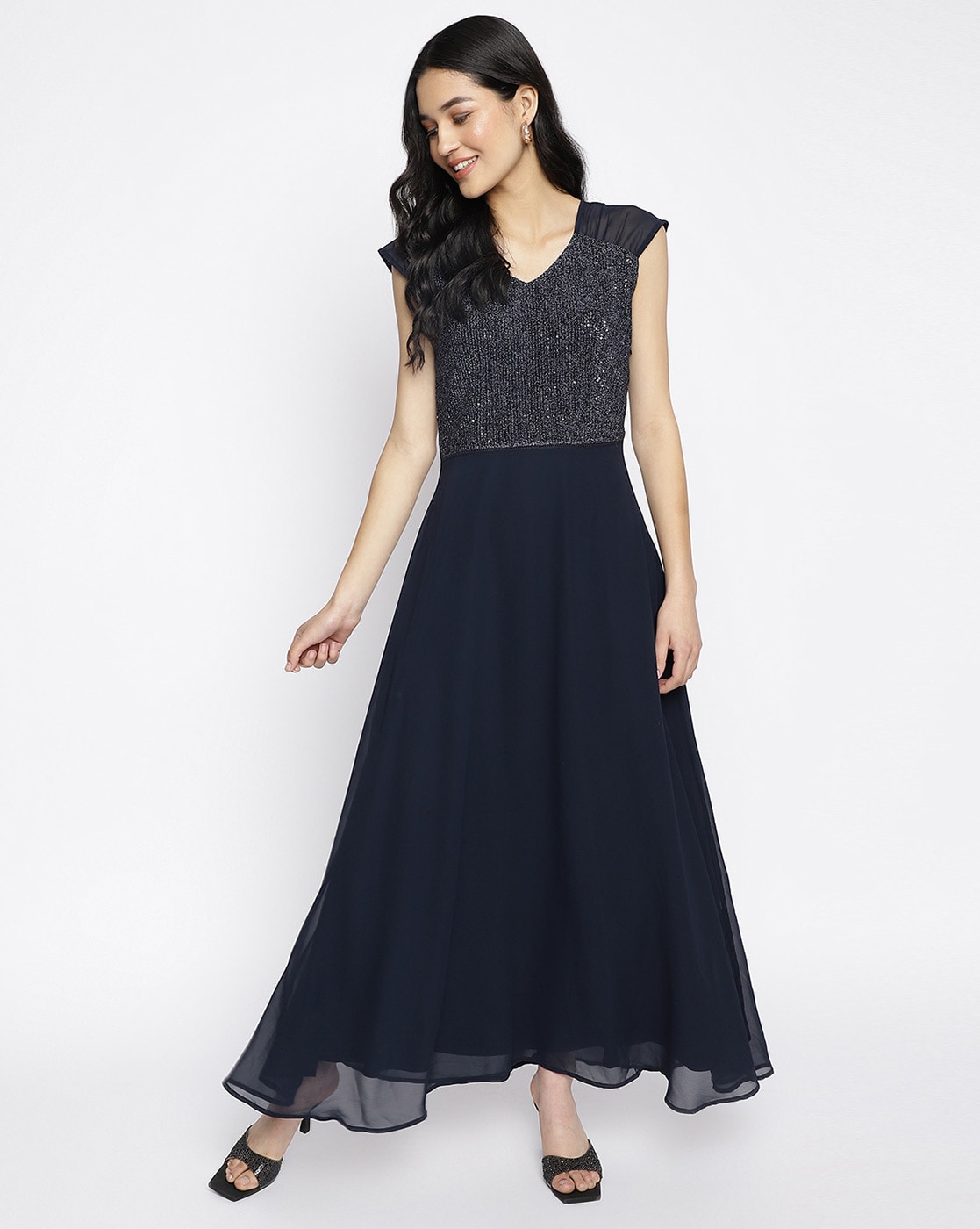 Latin Quarters® Black Sequin Half Sleeve Maxi Dress with Ruffles :  Amazon.in: Fashion
