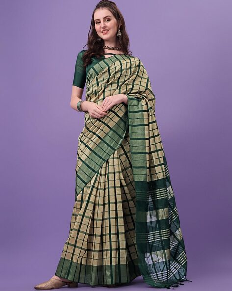 Ocean Blue Check Design Cotton Silk Saree With Ikkat Weaving - Loomfolks