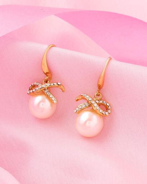 Rose Gold Flower With Pink Pearl Drop Earrings