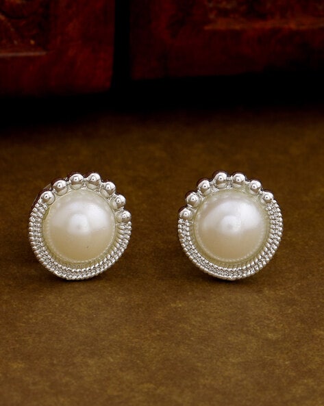 Silver Edge Pearl Stud Earrings