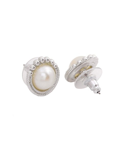 Silver Edge Pearl Stud Earrings