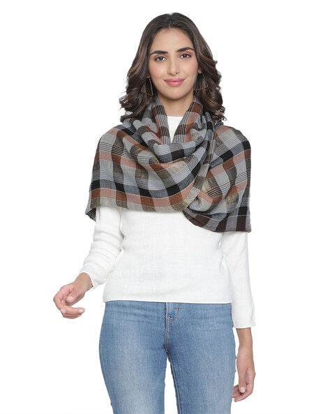 Checked Wool Shawl with Fringed Borders Price in India