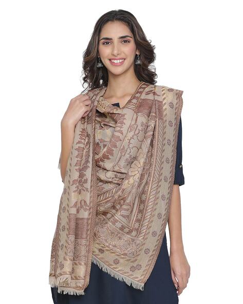 Floral Print Wool Shawl with Fringed Borders Price in India