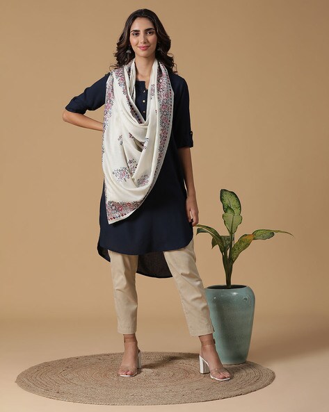 Embroidered Wool Shawl with Fringed Borders Price in India
