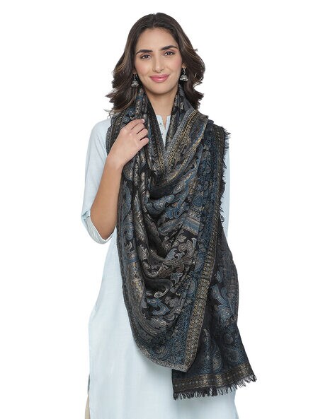 Printed Wool Shawl with Fringed Borders Price in India