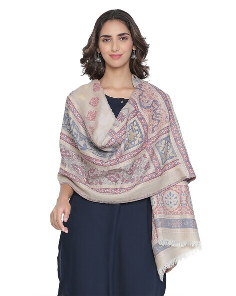 Floral Woven Wool Shawl with Fringed Borders Price in India