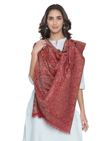 Paisley Woven Wool Shawl with Fringed Borders Price in India