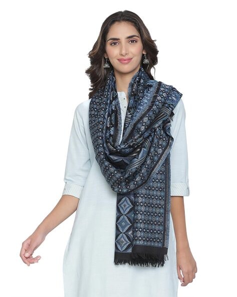 Printed Wool Shawl with Fringed Borders Price in India