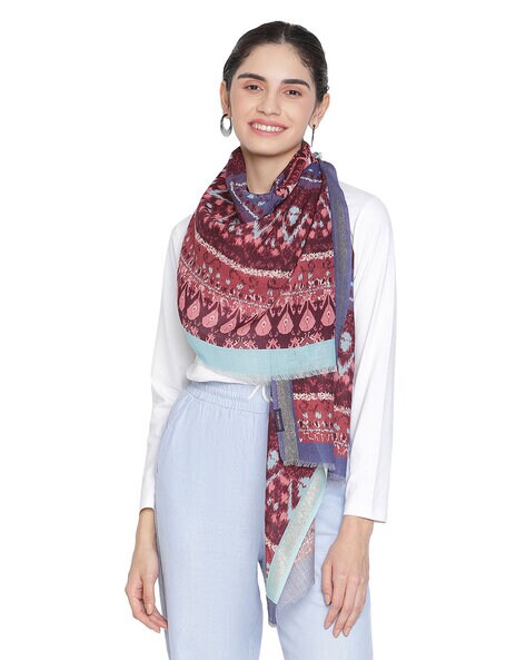 Printed Wool Stole with Fringed Hem Price in India