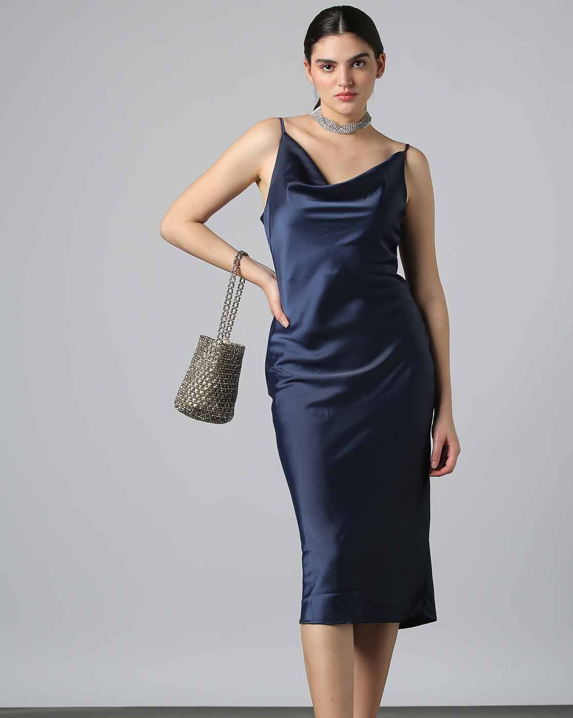 Navy Cowl Neck Satin Slip Cami Midi Dress