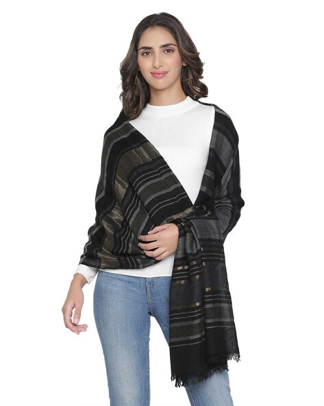Striped Wool Shawl with Frayed Hem Price in India